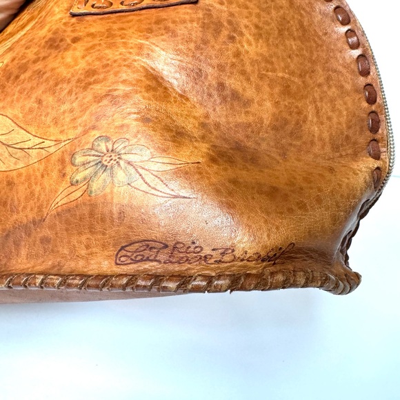 Vintage from de 2000’s Brown Raw Leather Floral Hand—Painted Shoulder Bag. - Picture 4 of 11